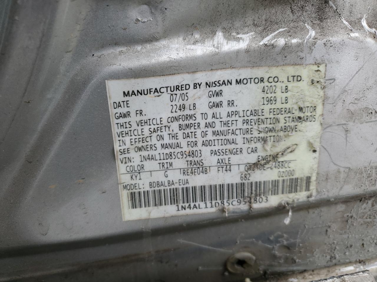 2005 Nissan Altima S VIN: 1N4AL11D85C954803 Lot: 91624695