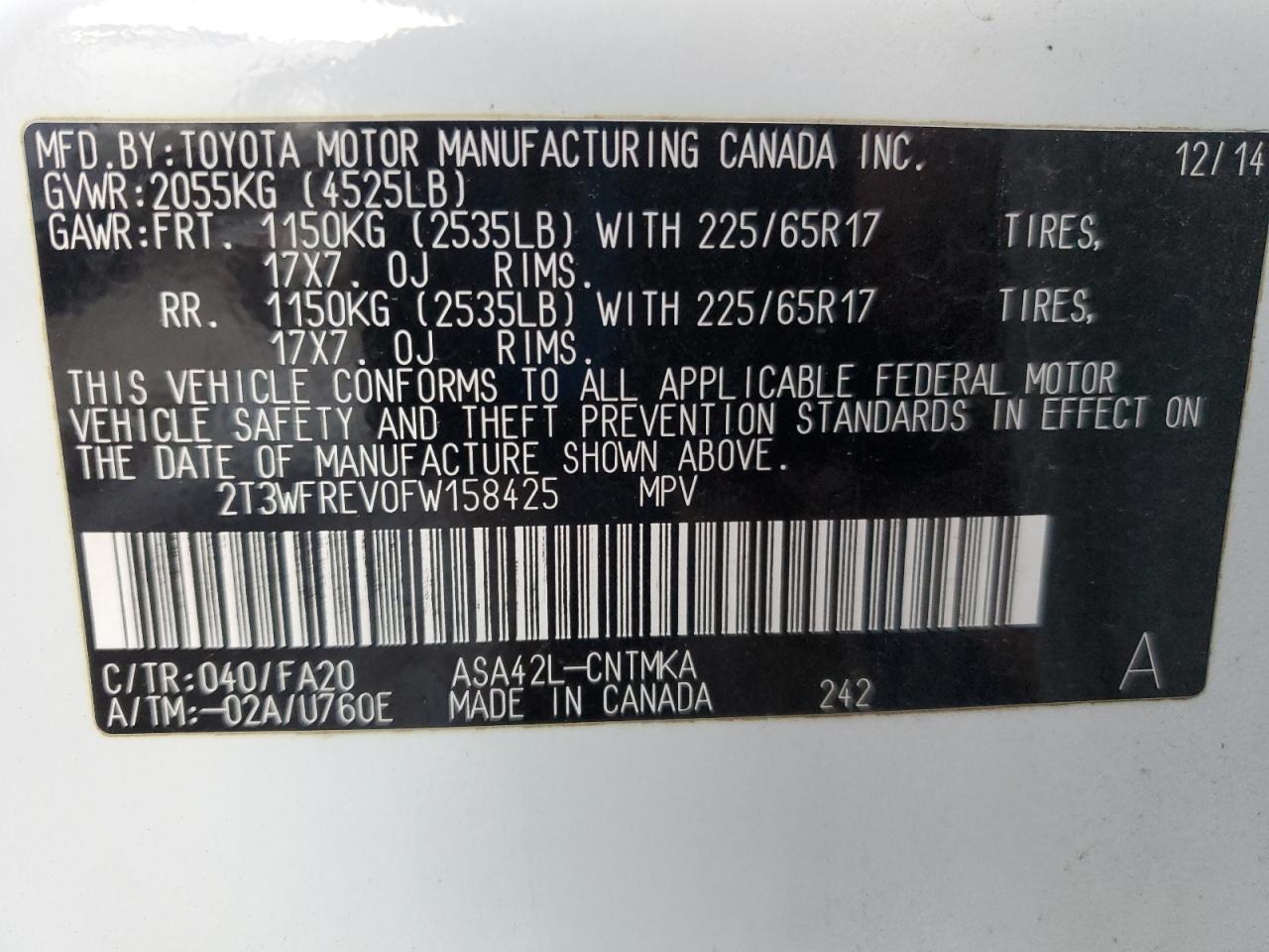 2015 Toyota Rav4 Xle VIN: 2T3WFREV0FW158425 Lot: 91171525