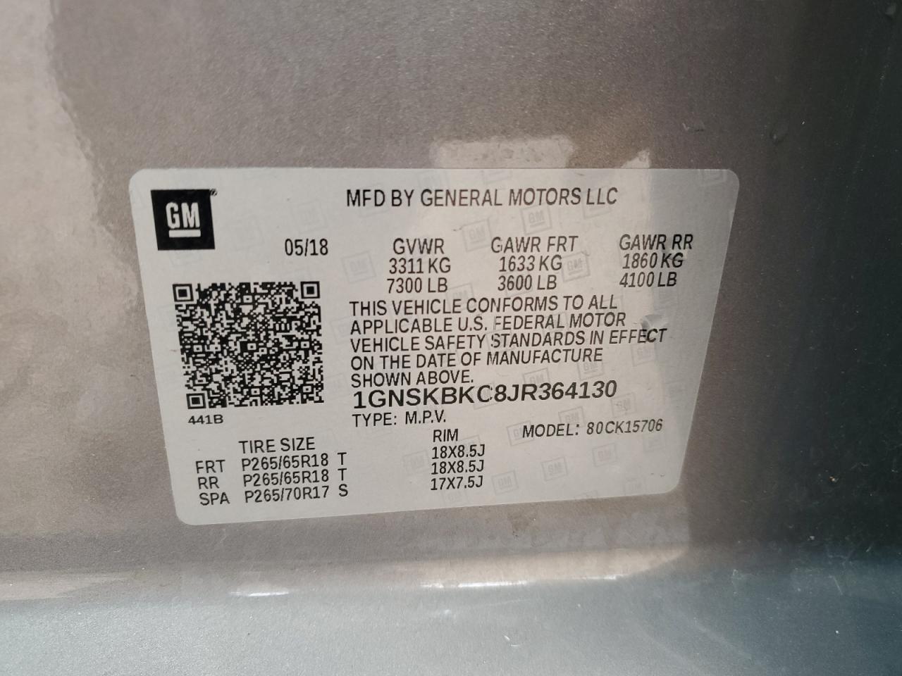 2018 Chevrolet Tahoe K1500 Lt VIN: 1GNSKBKC8JR364130 Lot: 93501775