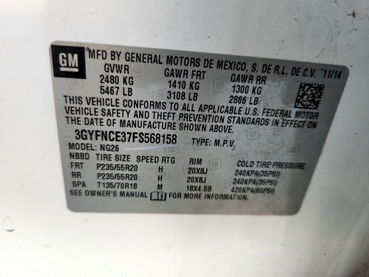 2015 Cadillac Srx Performance Collection VIN: 3GYFNCE37FS568158 Lot: 93062865