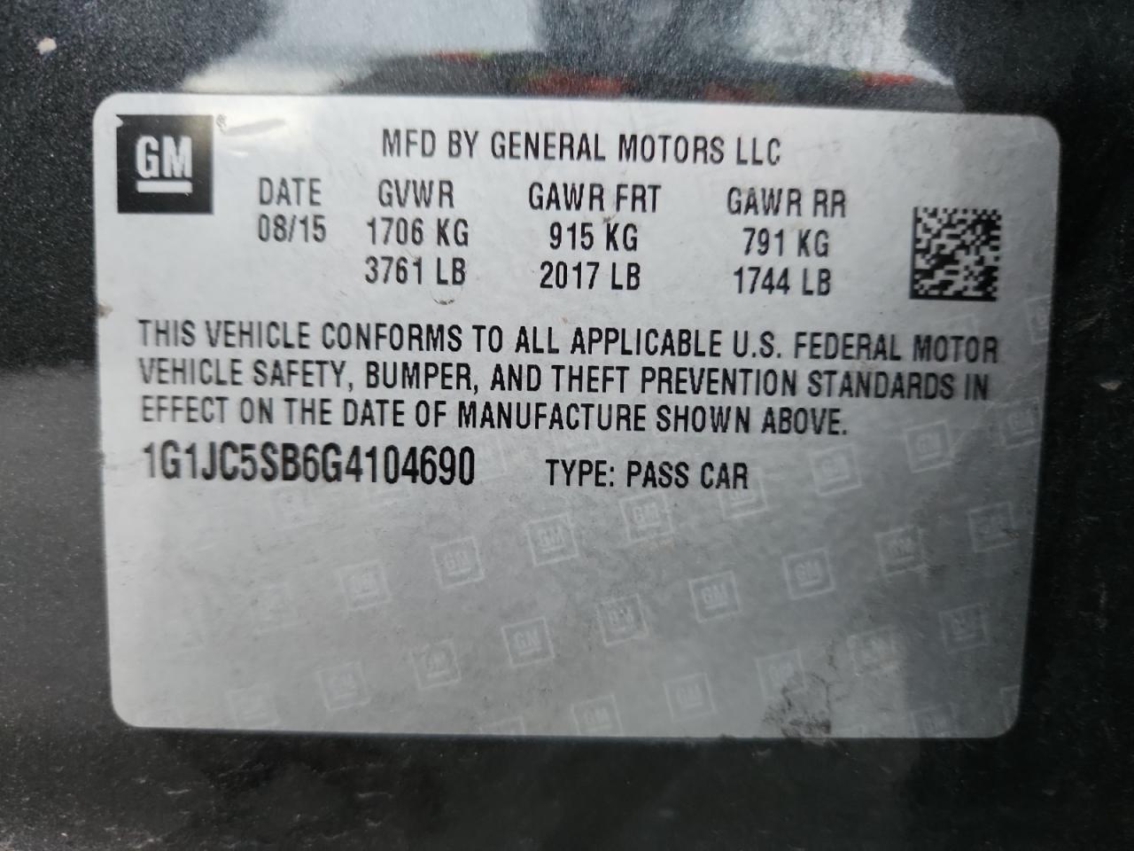 2016 Chevrolet Sonic Lt VIN: 1G1JC5SB6G4104690 Lot: 93948655