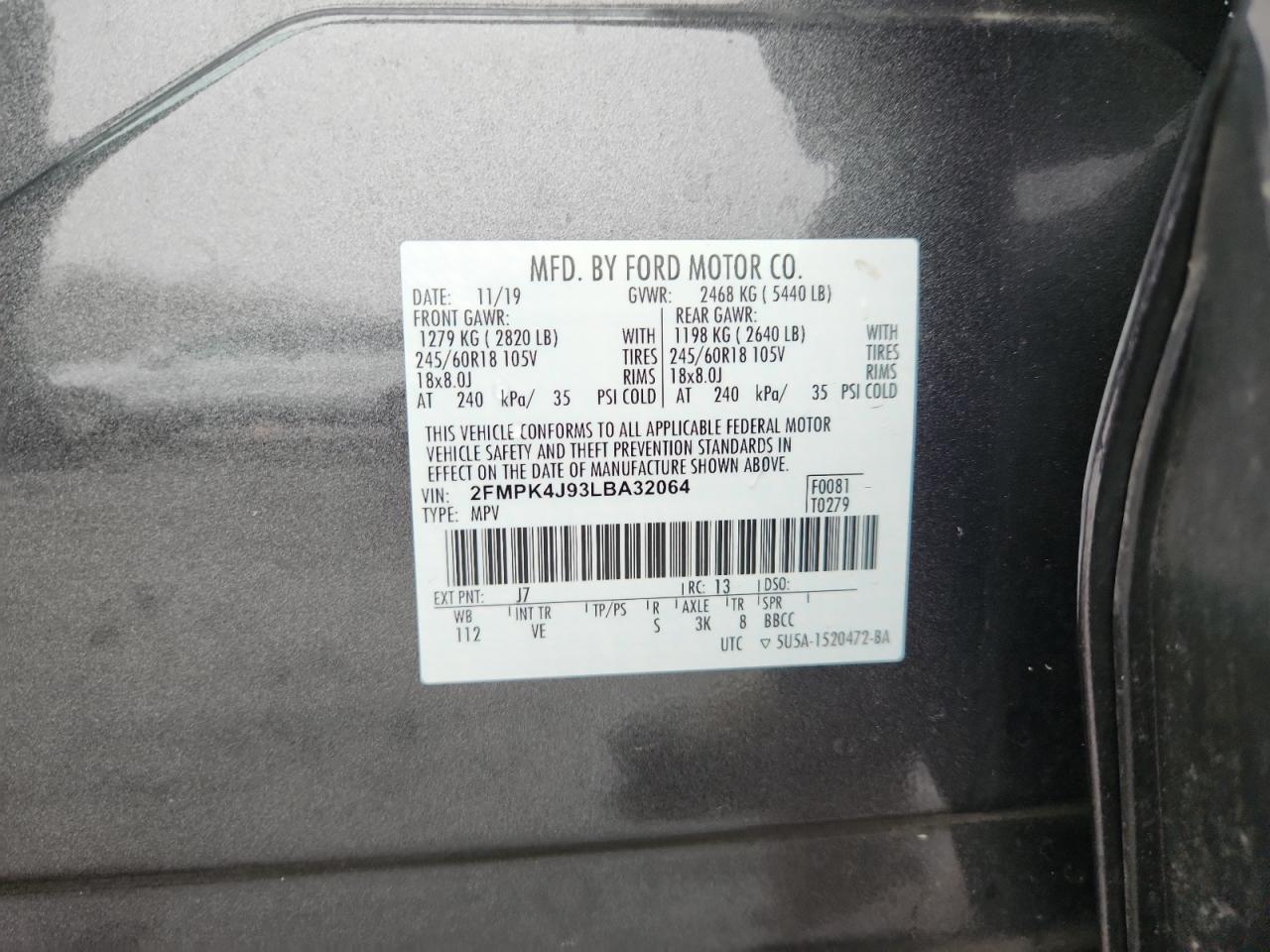 2020 Ford Edge Sel VIN: 2FMPK4J93LBA32064 Lot: 92267475