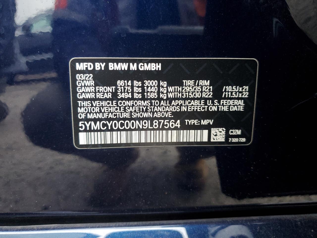 2022 BMW X6 M VIN: 5YMCY0C00N9L87564 Lot: 91785635