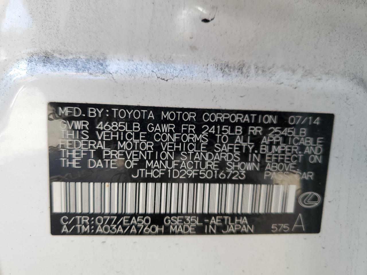 2015 Lexus Is 250 VIN: JTHCF1D29F5016723 Lot: 90999325