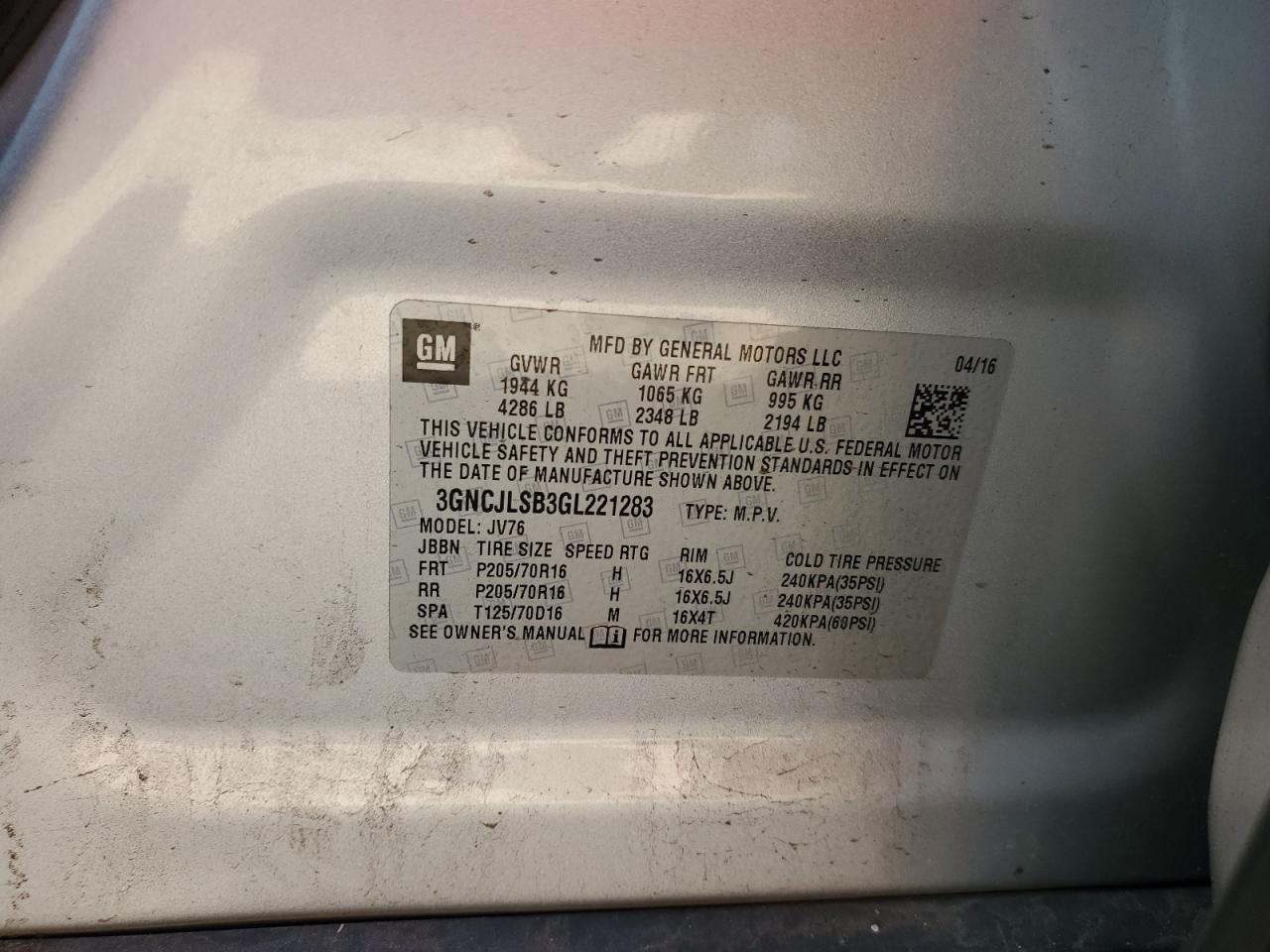 2016 Chevrolet Trax 1Lt VIN: 3GNCJLSB3GL221283 Lot: 93760985