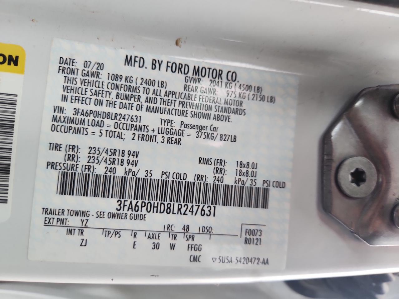 2020 Ford Fusion Se VIN: 3FA6P0HD8LR247631 Lot: 92852095