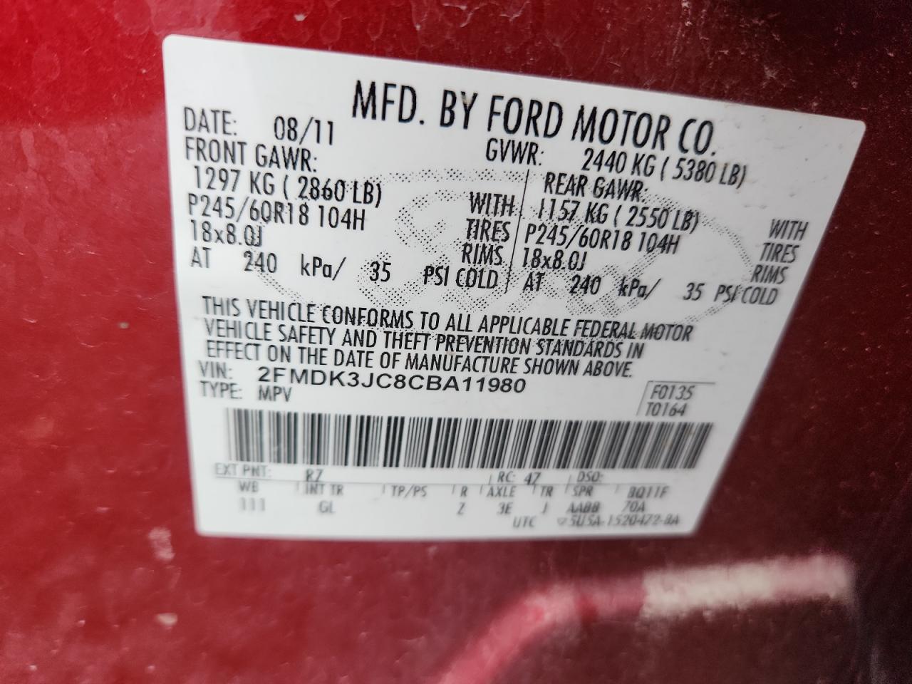 2012 Ford Edge Sel VIN: 2FMDK3JC8CBA11980 Lot: 93733035