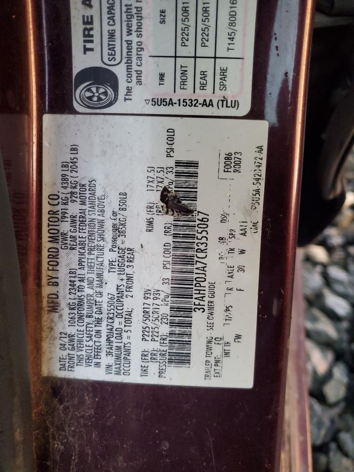 2012 Ford Fusion Sel VIN: 3FAHP0JA7CR355067 Lot: 93691005