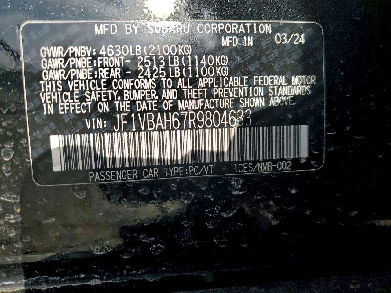 2024 Subaru Wrx Premium VIN: JF1VBAH67R9804633 Lot: 93827715