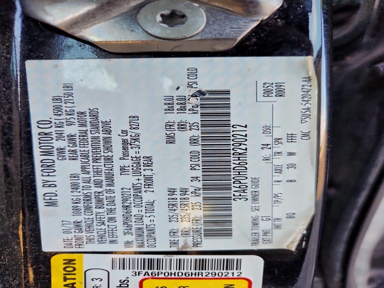 2017 Ford Fusion Se VIN: 3FA6P0HD6HR290212 Lot: 93716155