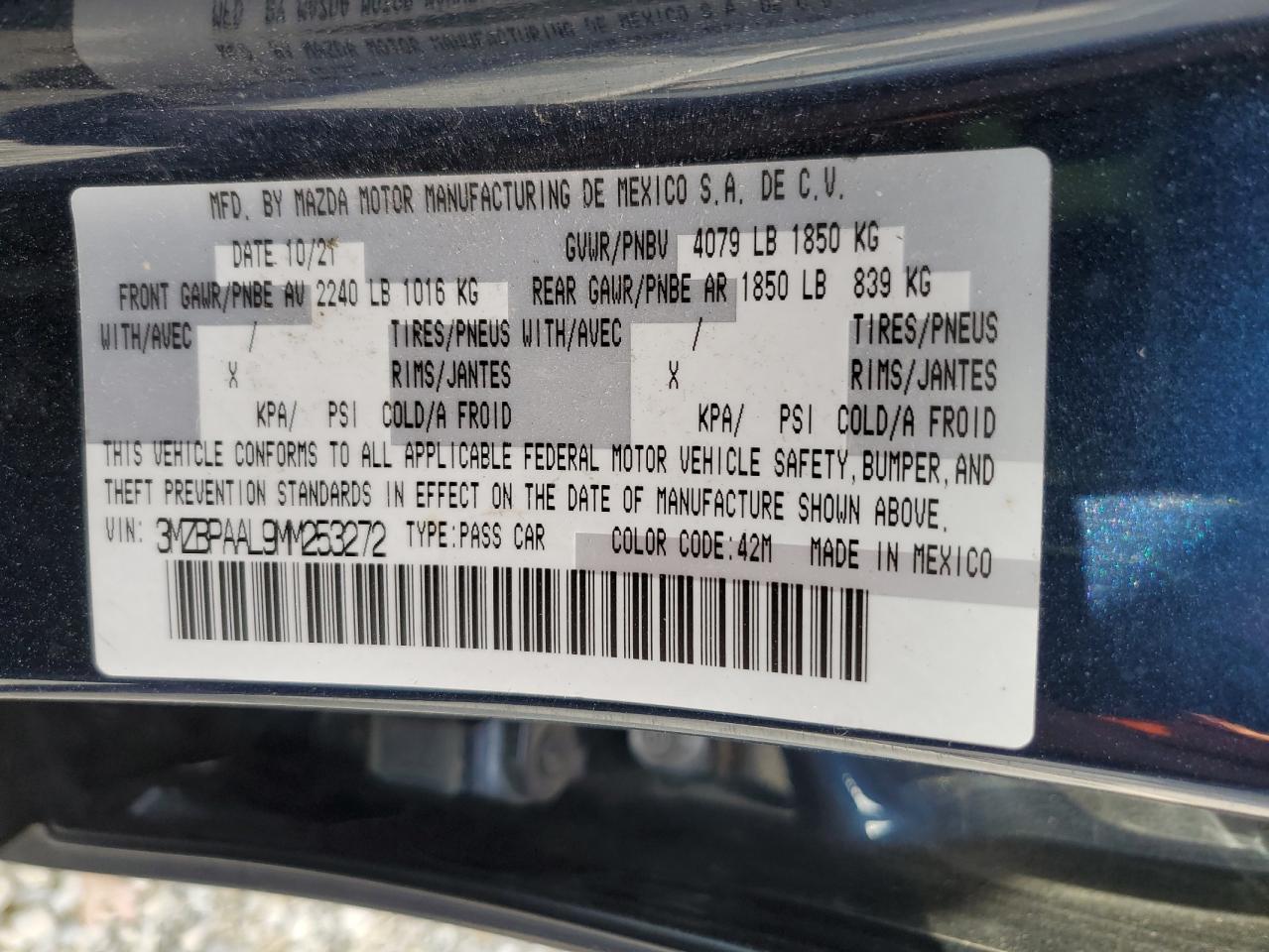 2021 Mazda 3 VIN: 3MZBPAAL9MM253272 Lot: 93480325