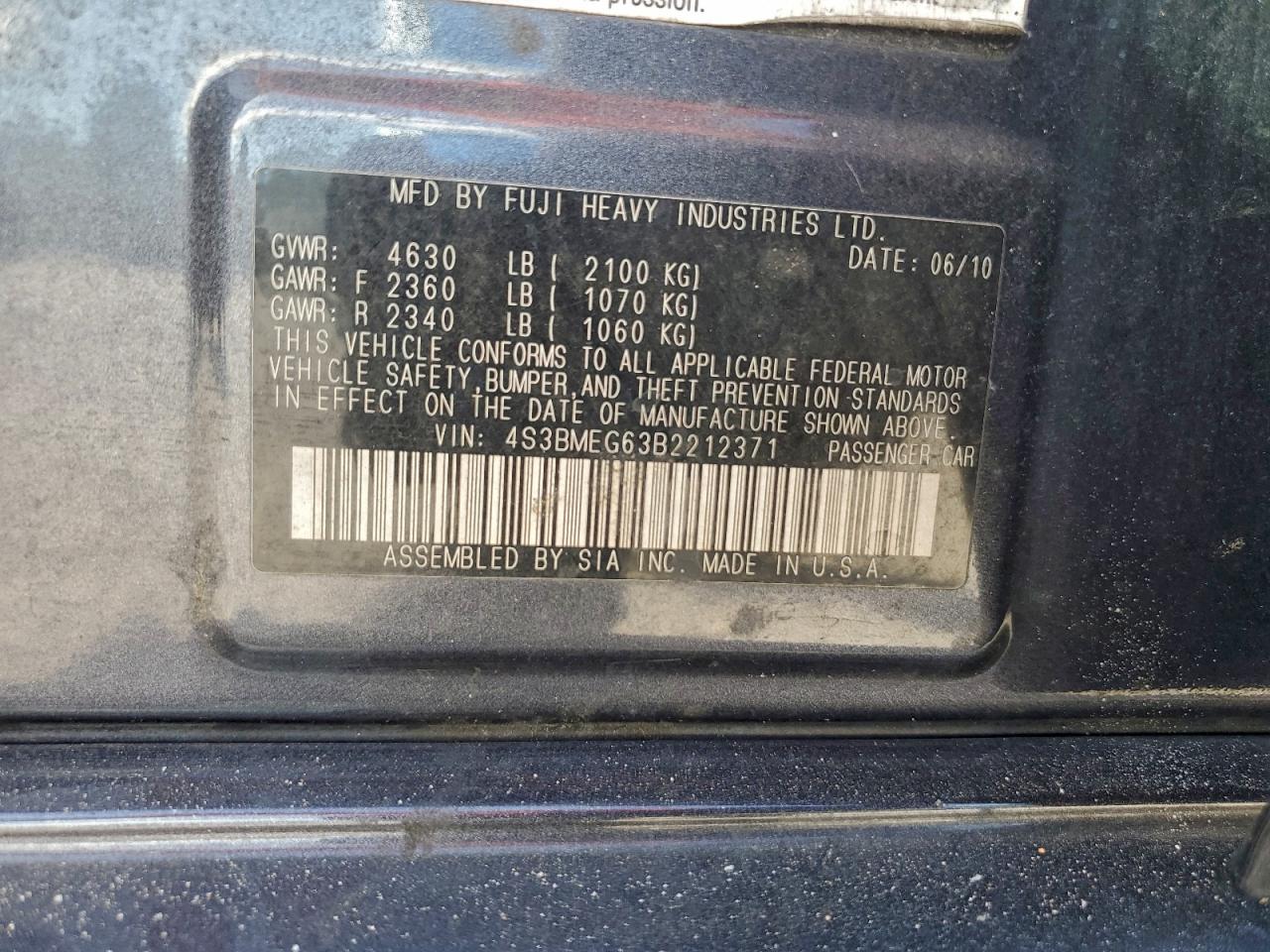 2011 Subaru Legacy 3.6R Premium VIN: 4S3BMEG63B2212371 Lot: 94359735