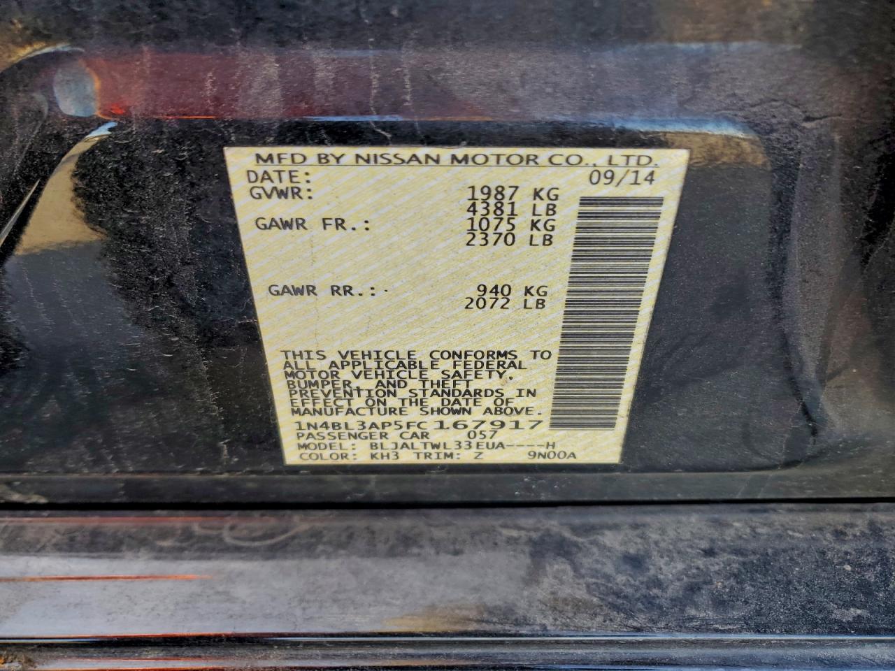 2015 Nissan Altima 3.5S VIN: 1N4BL3AP5FC167917 Lot: 94083835