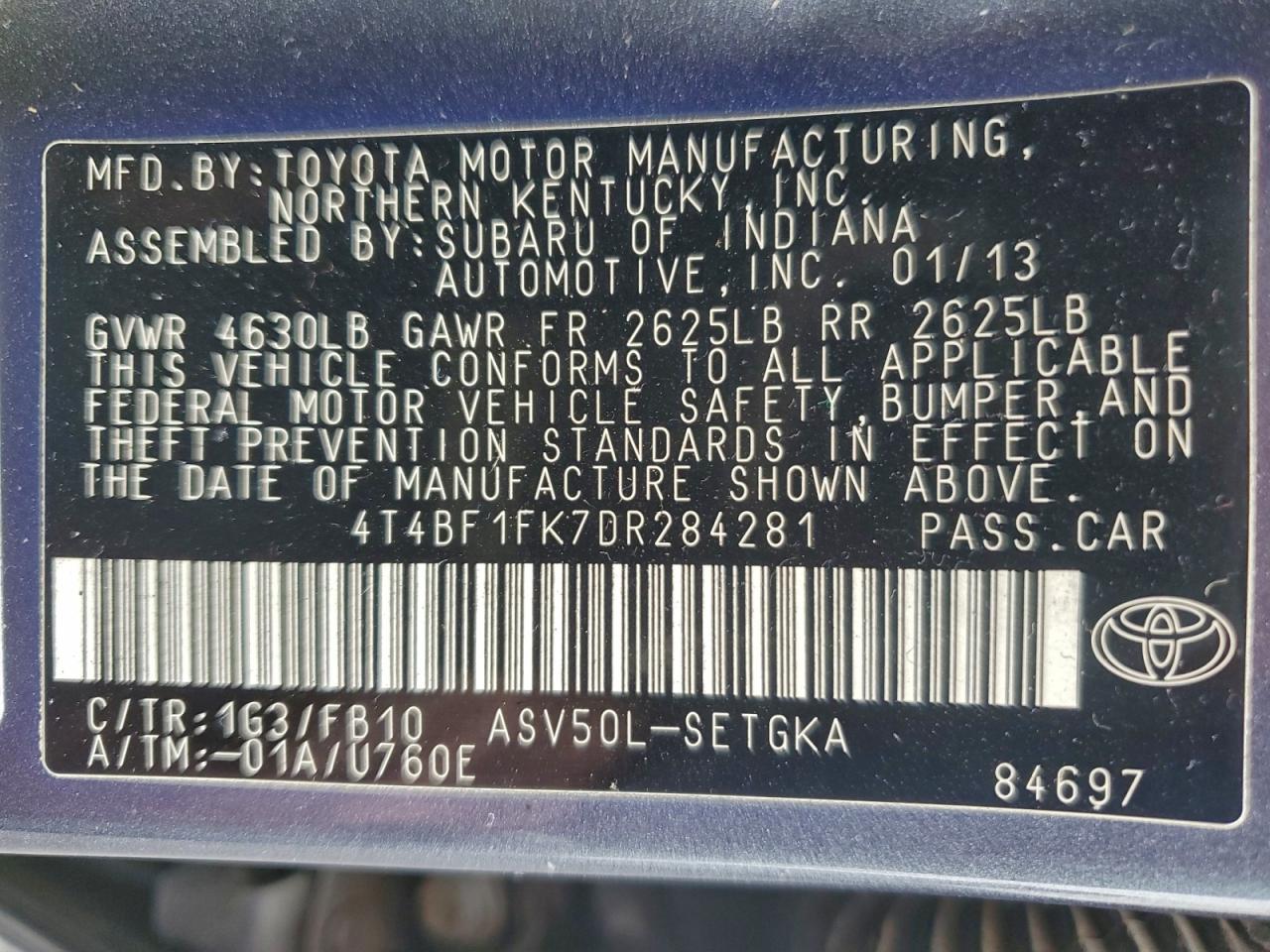 2013 Toyota Camry L VIN: 4T4BF1FK7DR284281 Lot: 94513995