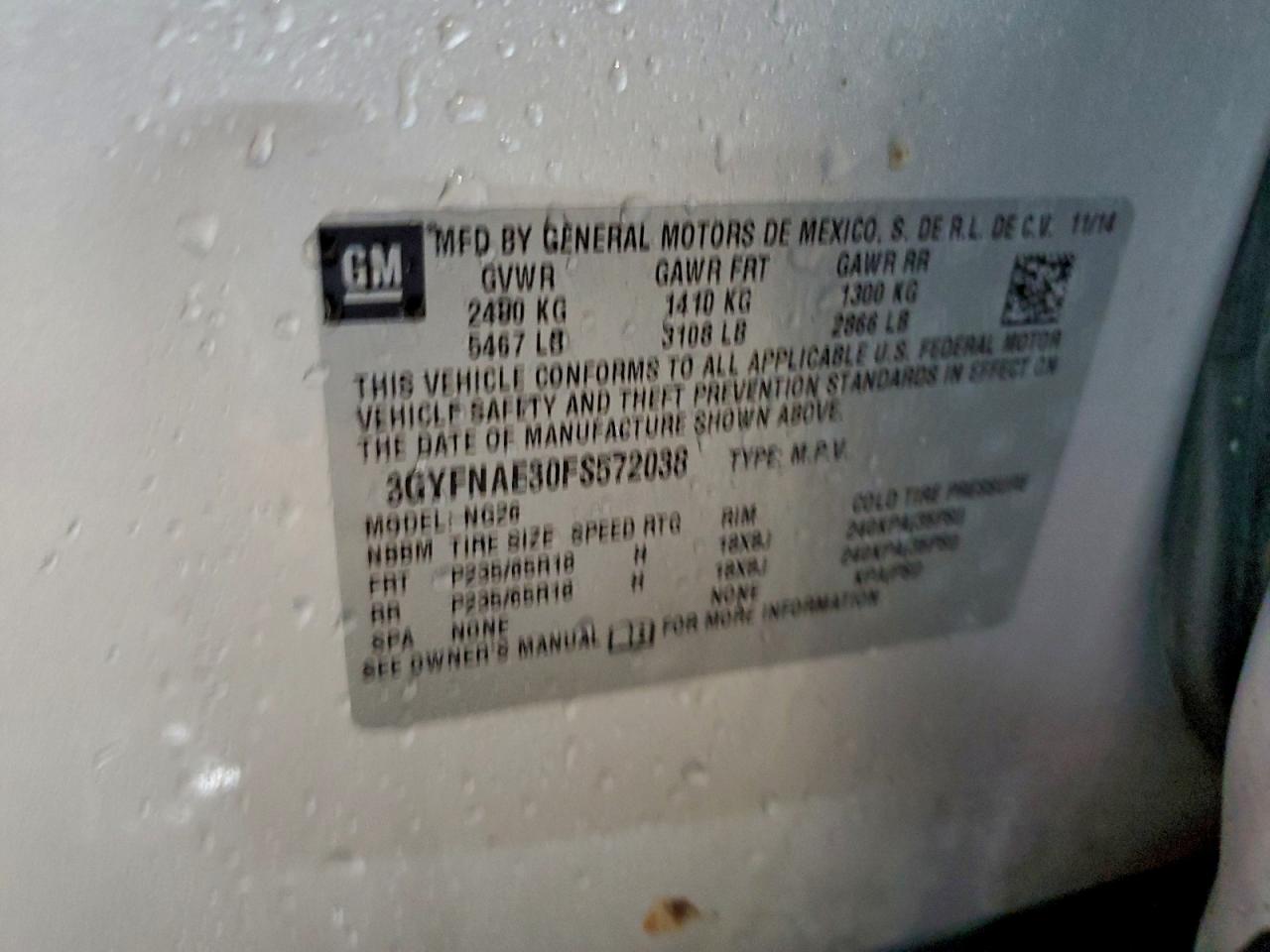 2015 Cadillac Srx VIN: 3GYFNAE30FS572038 Lot: 94487715