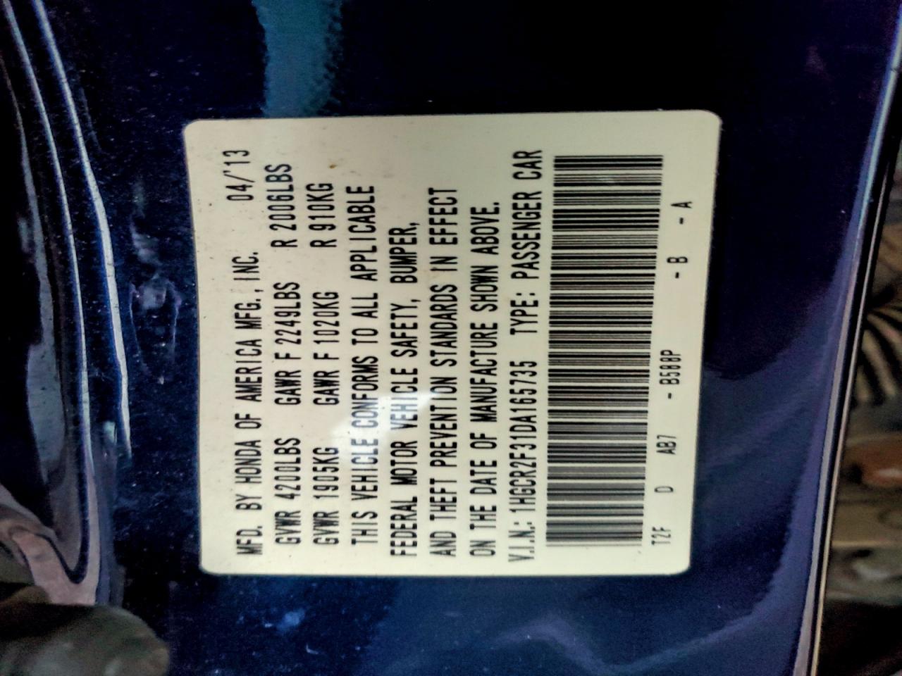 2013 Honda Accord Lx VIN: 1HGCR2F31DA165735 Lot: 94413145