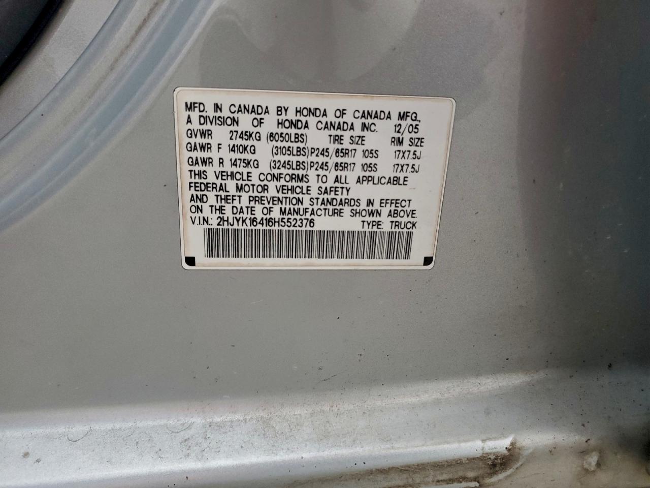 2006 Honda Ridgeline Rts VIN: 2HJYK16416H552376 Lot: 94372585