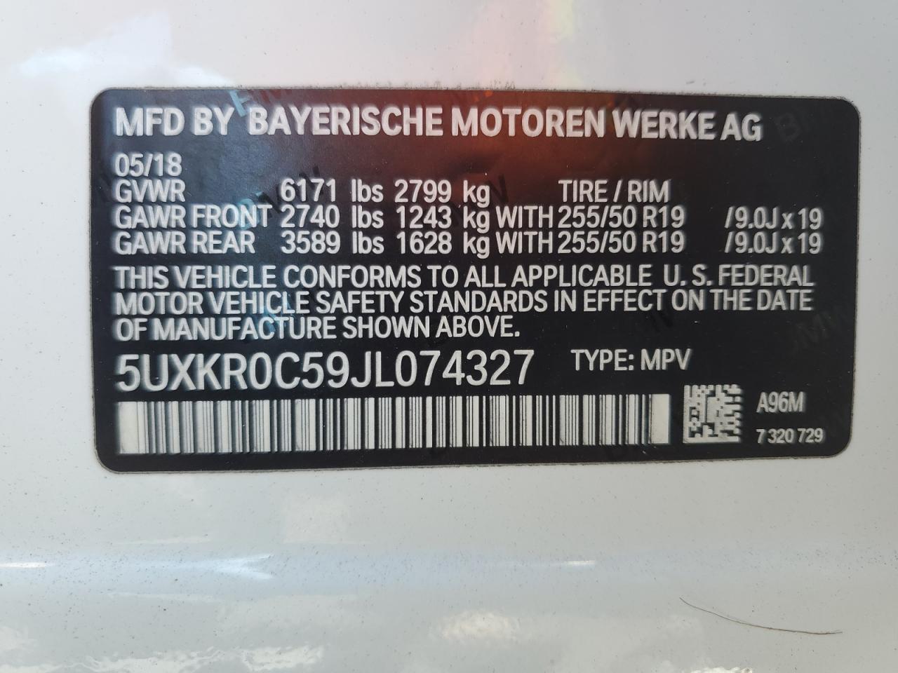 2018 BMW X5 xDrive35I VIN: 5UXKR0C59JL074327 Lot: 91886905