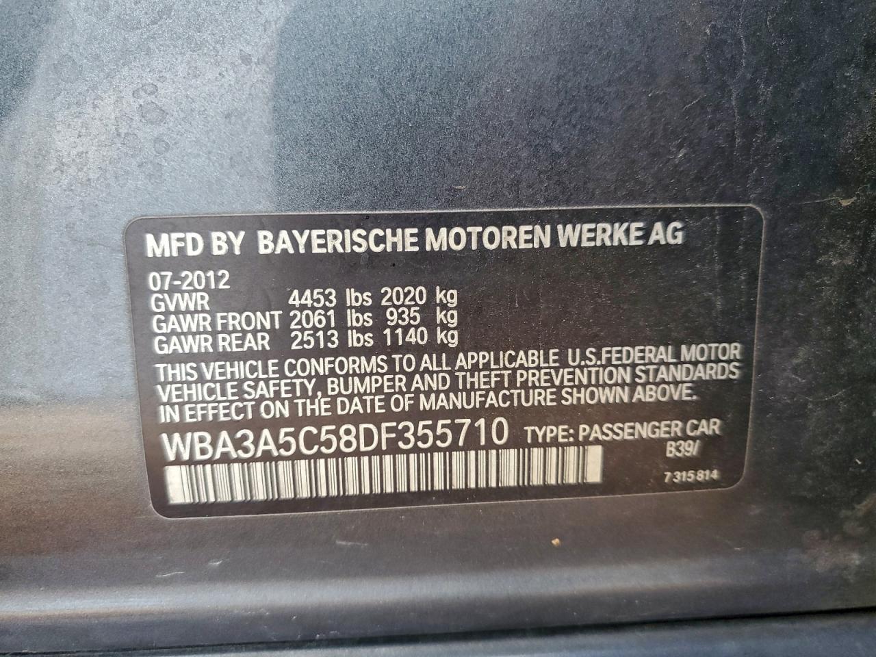 2013 BMW 328 I VIN: WBA3A5C58DF355710 Lot: 94587865