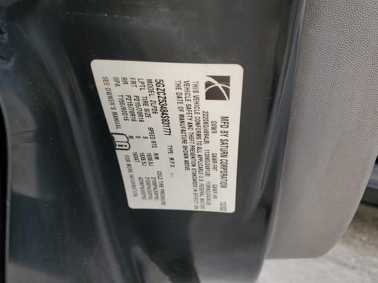 2004 Saturn Vue VIN: 5GZCZ53484S831771 Lot: 91408725