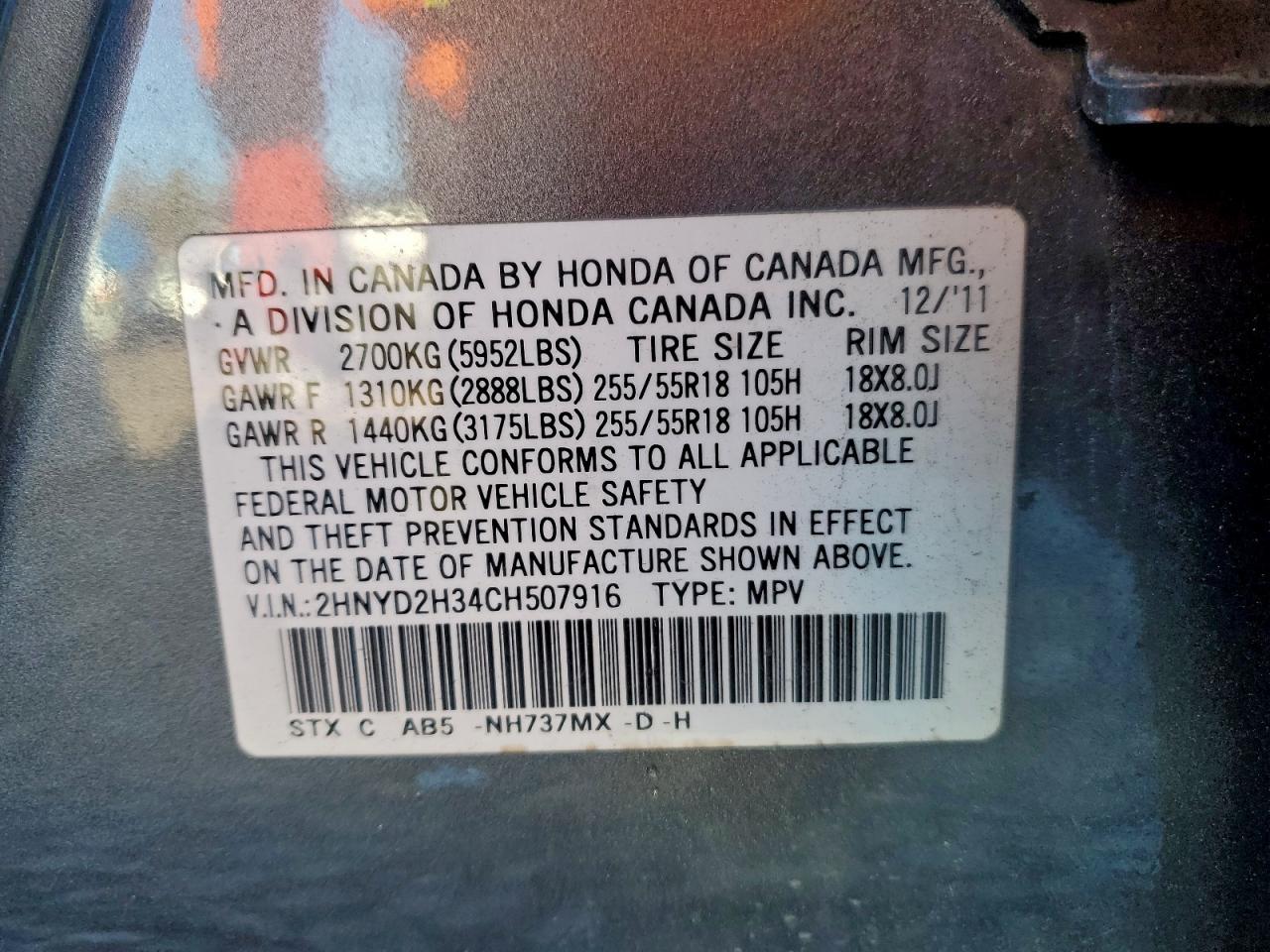 2012 Acura Mdx Technology VIN: 2HNYD2H34CH507916 Lot: 91658785