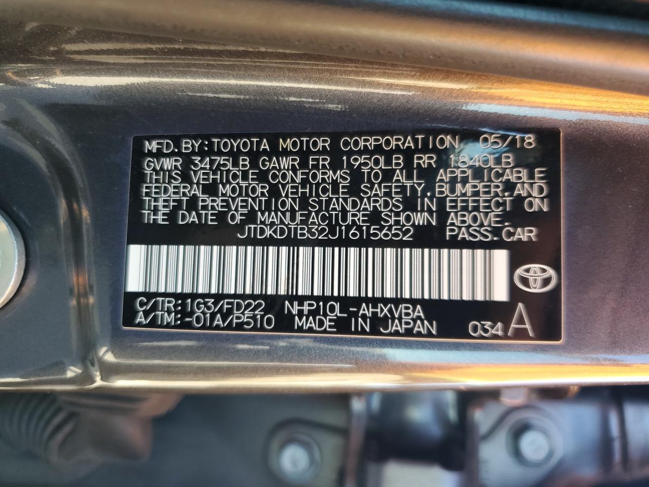 2018 Toyota Prius C VIN: JTDKDTB32J1615652 Lot: 92430165