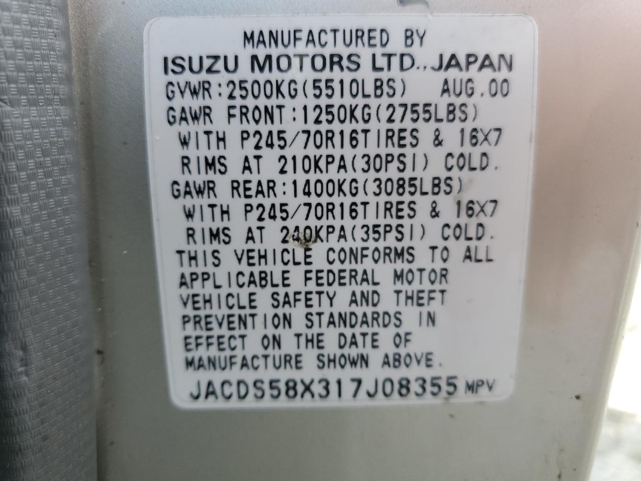 2001 Isuzu Trooper S VIN: JACDS58X317J08355 Lot: 92528845