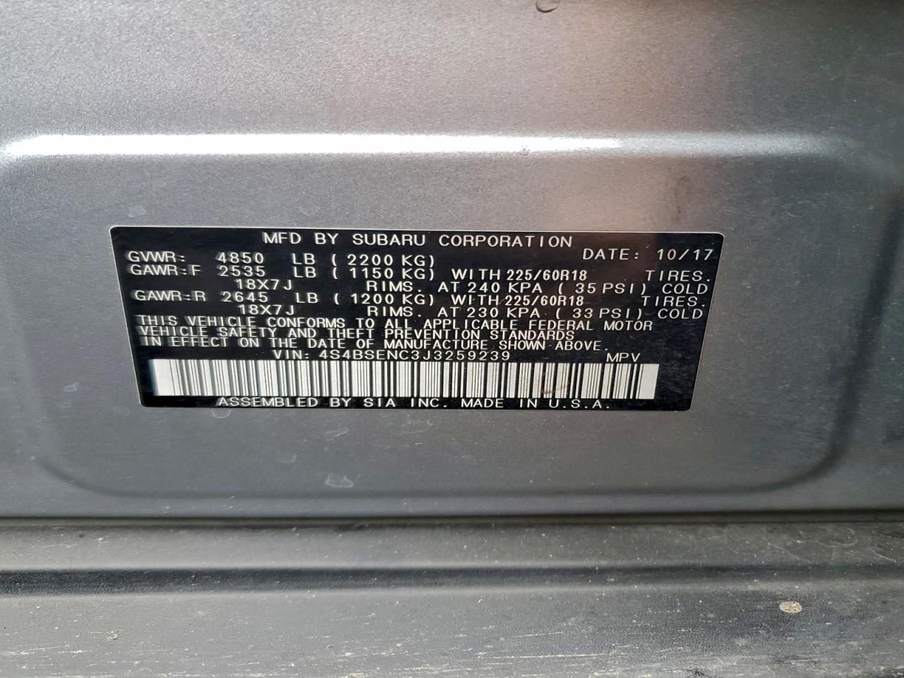 2018 Subaru Outback 3.6R Limited VIN: 4S4BSENC3J3259239 Lot: 93211385