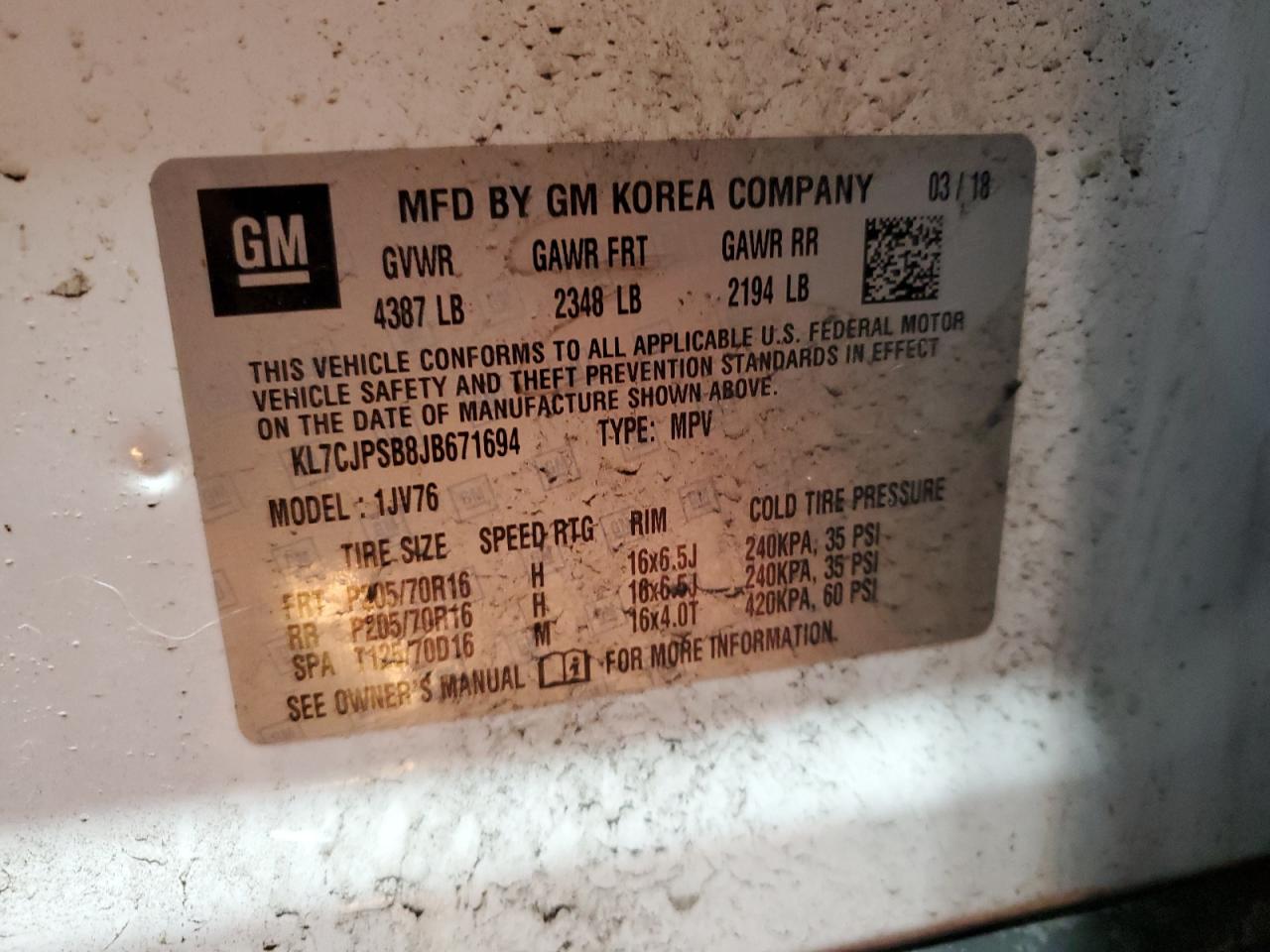 2018 Chevrolet Trax 1Lt VIN: KL7CJPSB8JB671694 Lot: 93231475