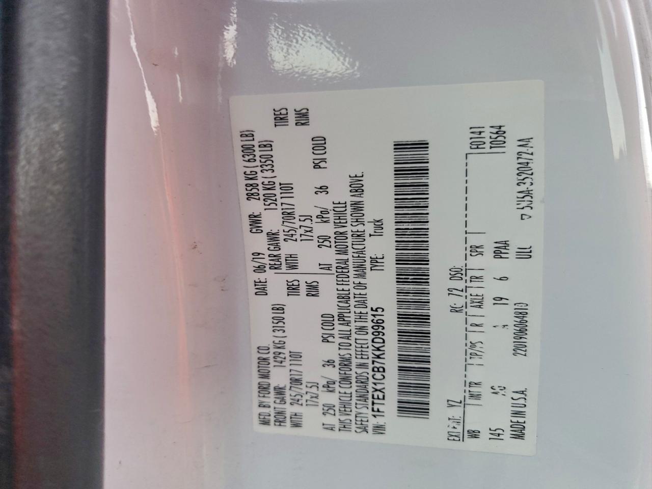 2019 Ford F150 Super Cab VIN: 1FTEX1CB7KKD99615 Lot: 94631315