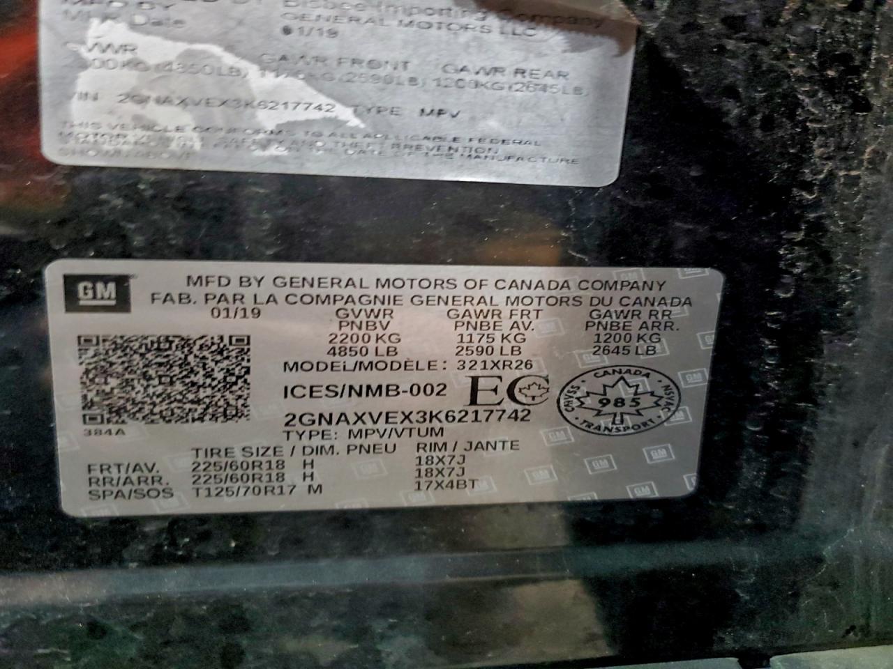 2019 Chevrolet Equinox Lt VIN: 2GNAXVEX3K6217742 Lot: 94393185