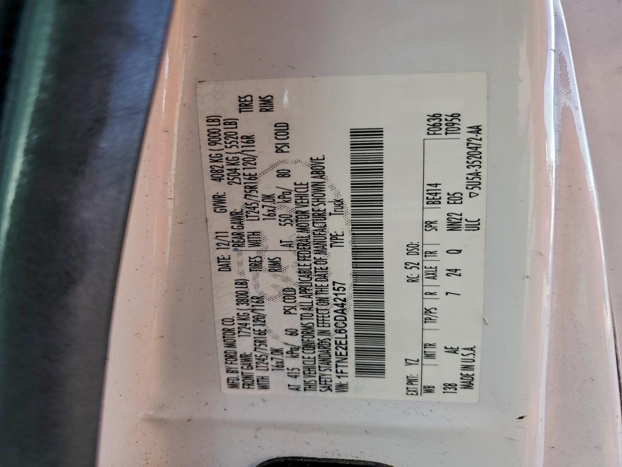 2012 Ford Econoline E250 Van VIN: 1FTNE2EL6CDA42157 Lot: 94516525