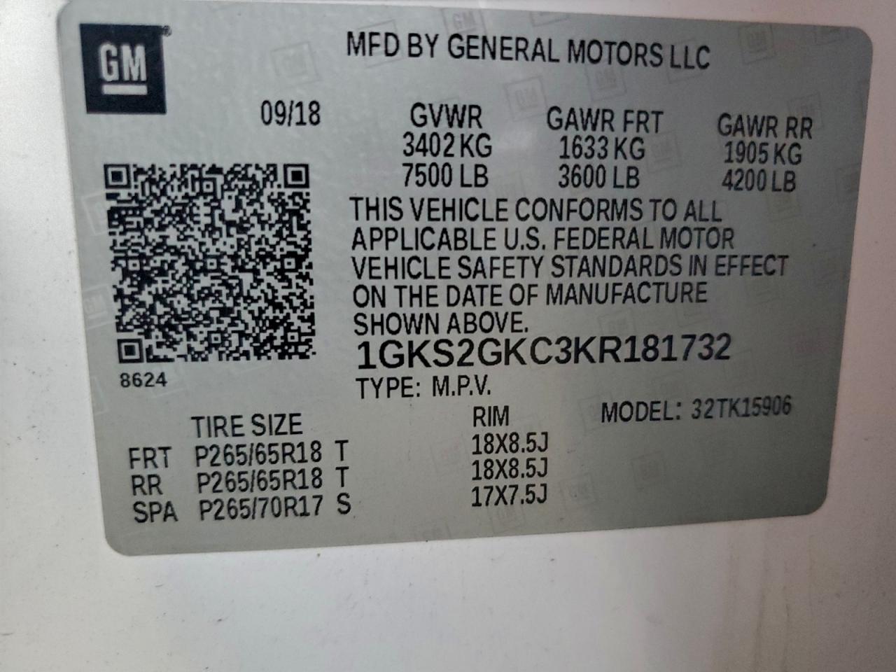 2019 GMC Yukon Xl K1500 Slt VIN: 1GKS2GKC3KR181732 Lot: 93709705