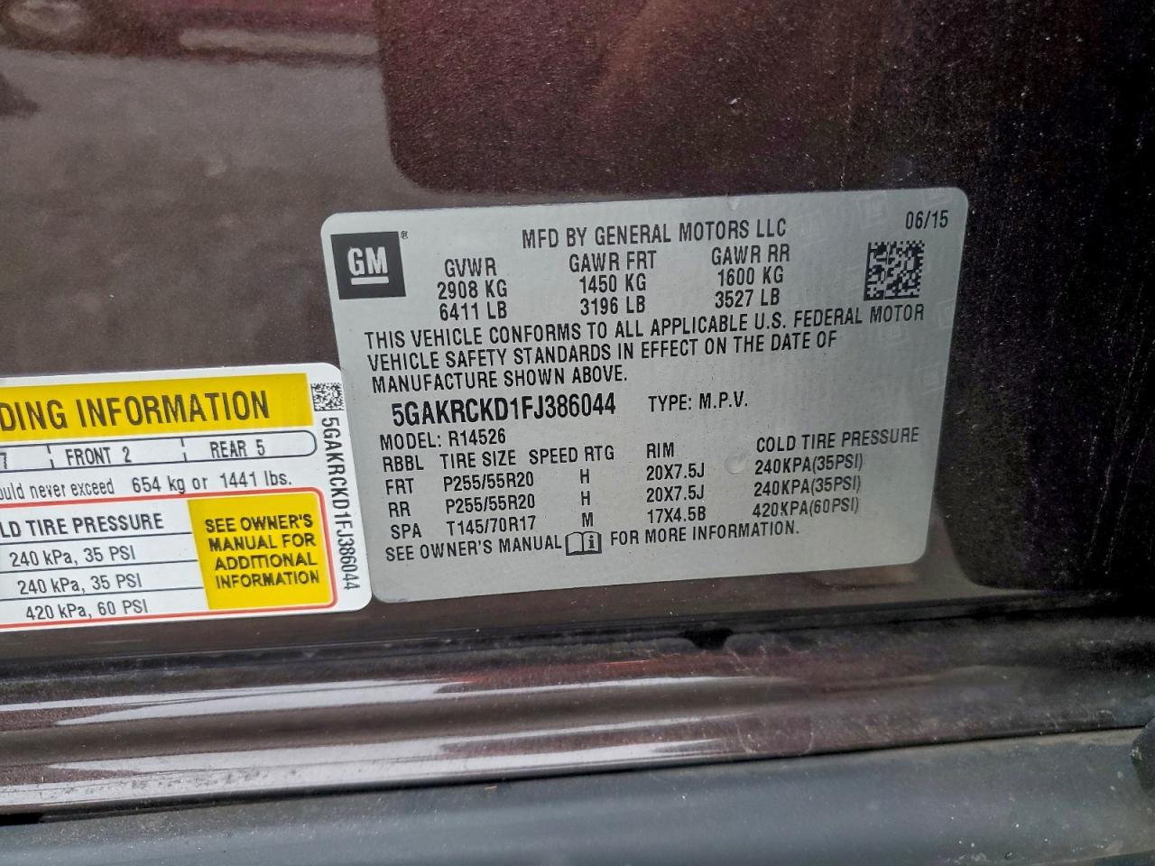 2015 Buick Enclave VIN: 5GAKRCKD1FJ386044 Lot: 93358885