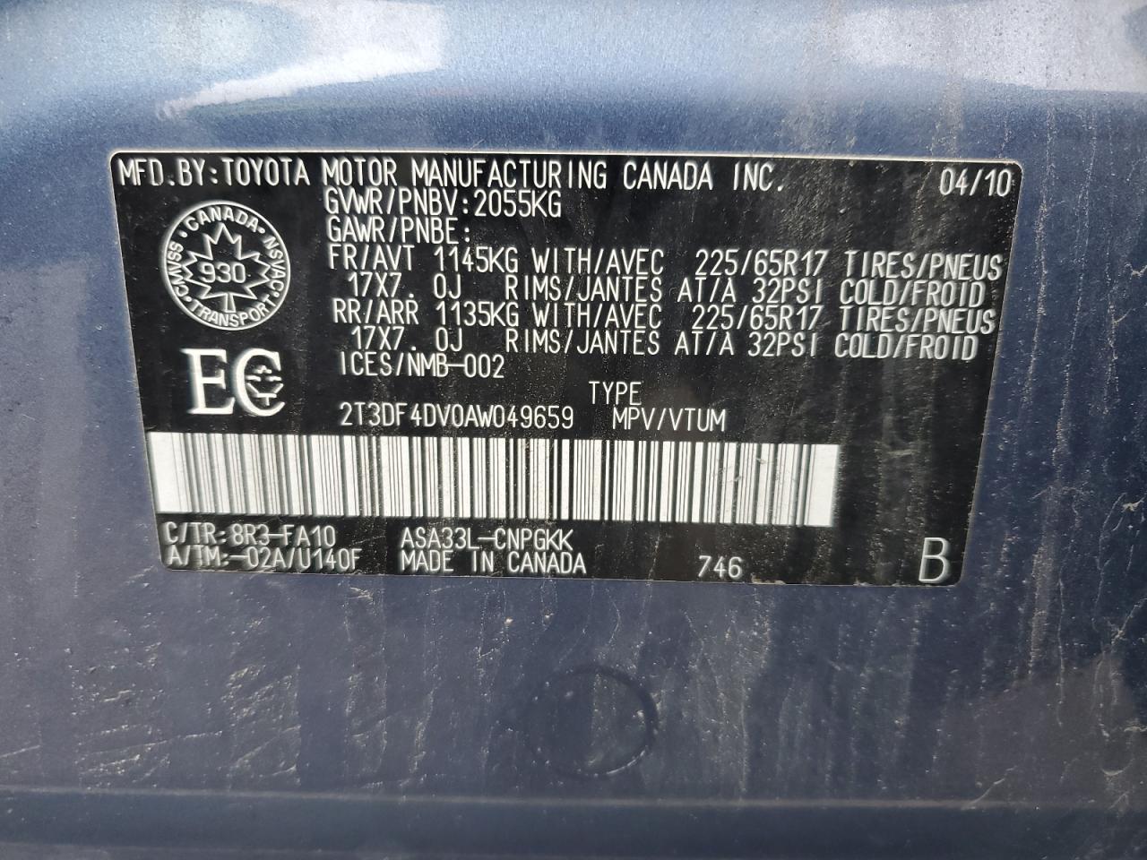 2010 Toyota Rav4 Limited VIN: 2T3DF4DV0AW049659 Lot: 92717445