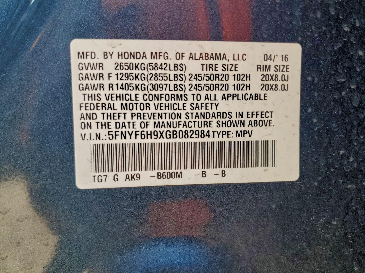 2016 Honda Pilot Touring VIN: 5FNYF6H9XGB082984 Lot: 94058495