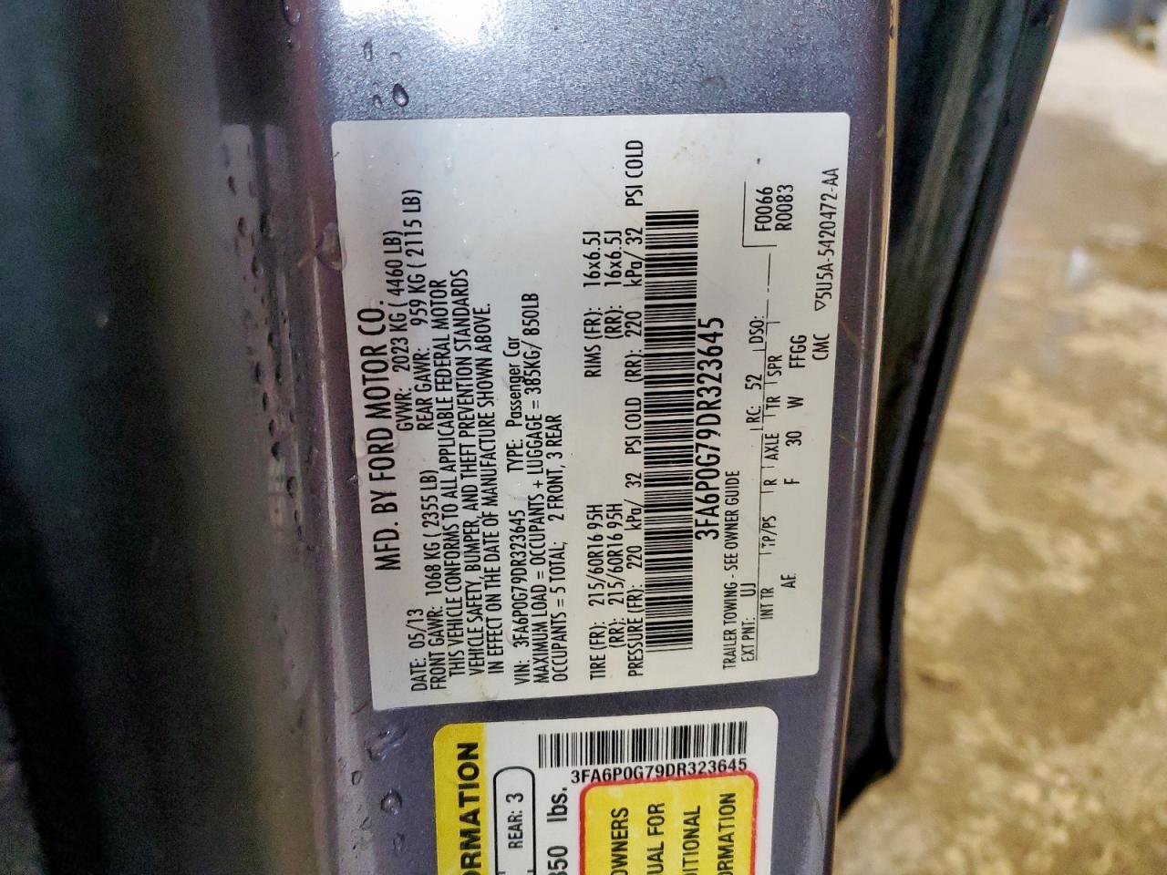 2013 Ford Fusion S VIN: 3FA6P0G79DR323645 Lot: 93683575