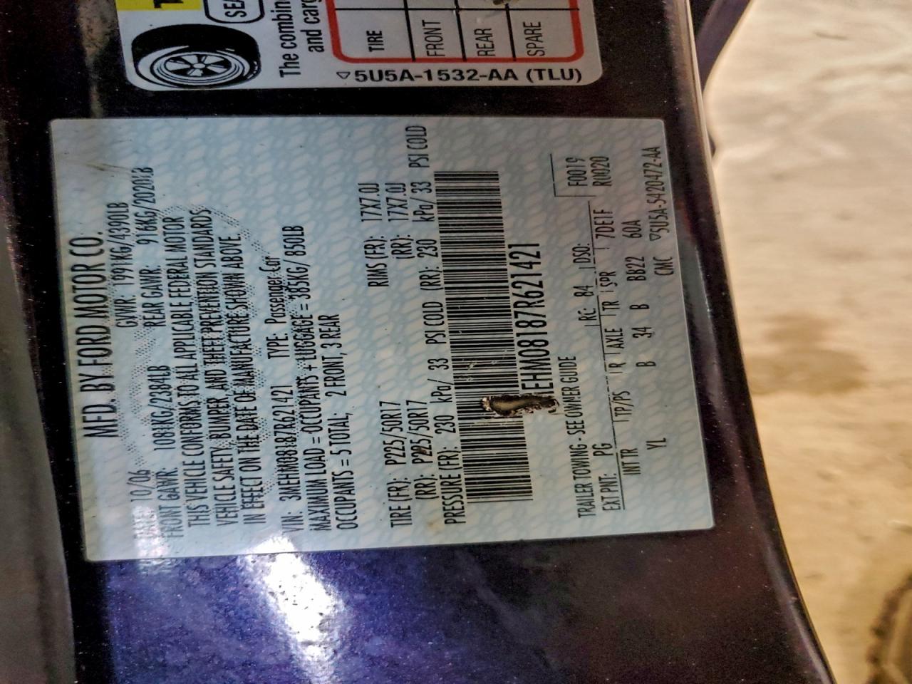 2007 Mercury Milan Premier VIN: 3MEHM08187R621421 Lot: 94292345