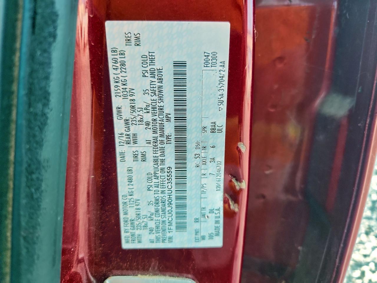 2017 Ford Escape Titanium VIN: 1FMCU0J90HUC35559 Lot: 93352335