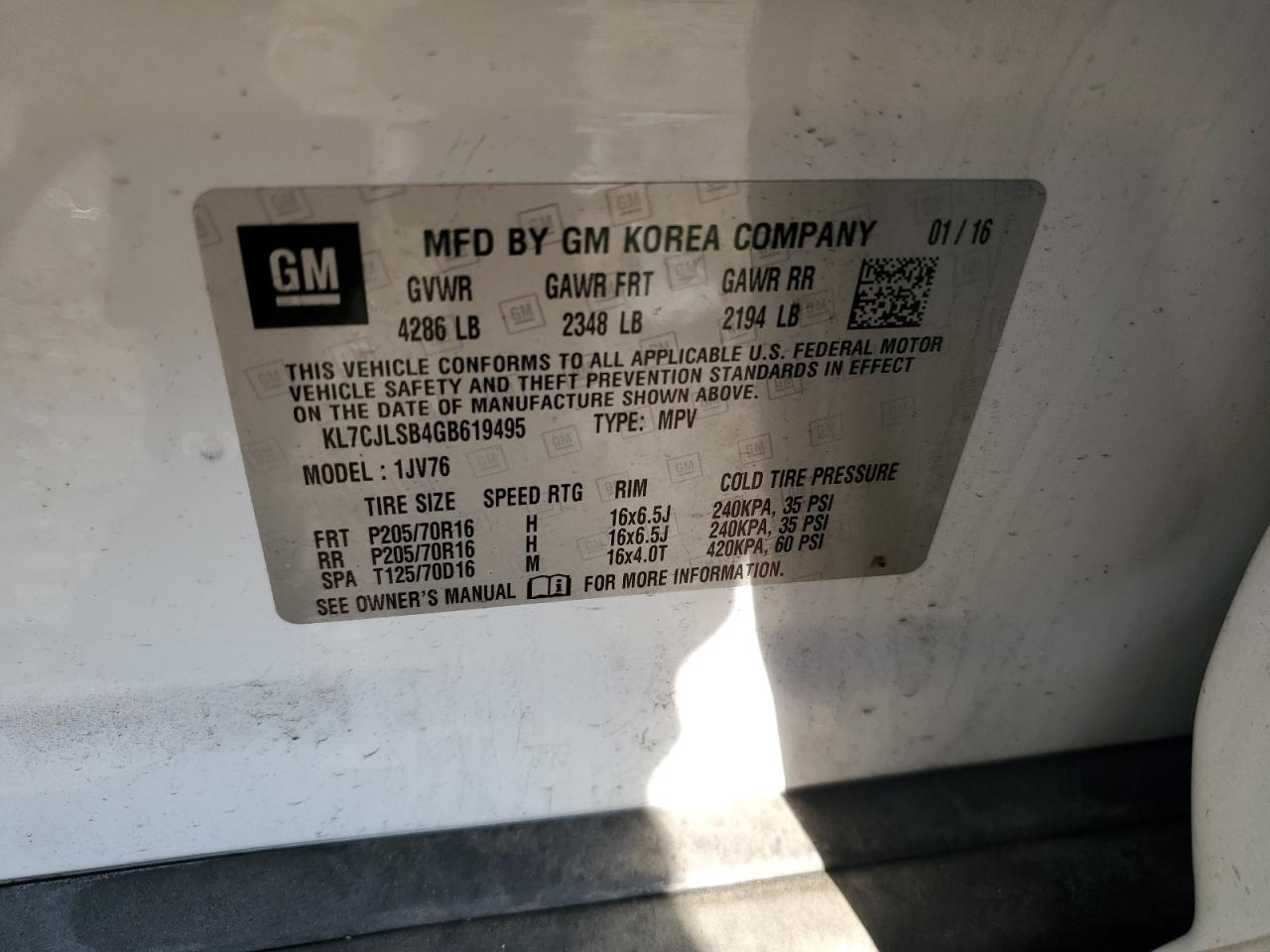 2016 Chevrolet Trax 1Lt VIN: KL7CJLSB4GB619495 Lot: 92874795