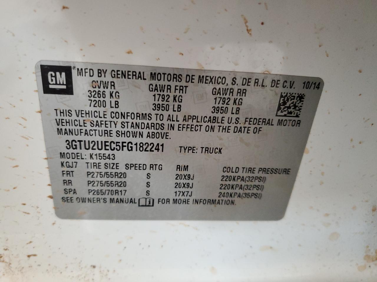 2015 GMC Sierra K1500 Sle VIN: 3GTU2UEC5FG182241 Lot: 92070685