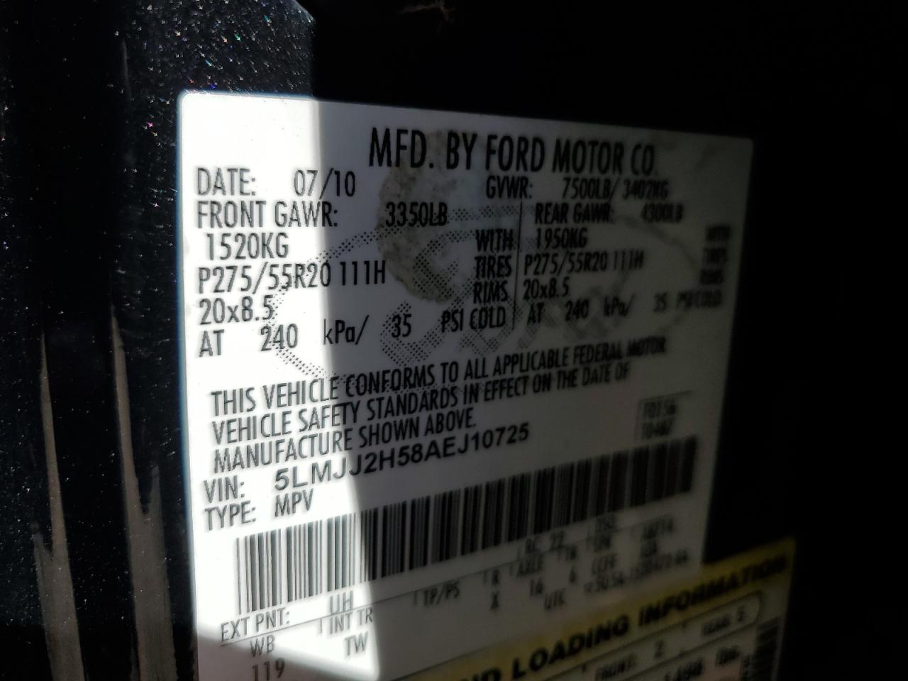 2010 Lincoln Navigator VIN: 5LMJJ2H58AEJ10725 Lot: 92618685