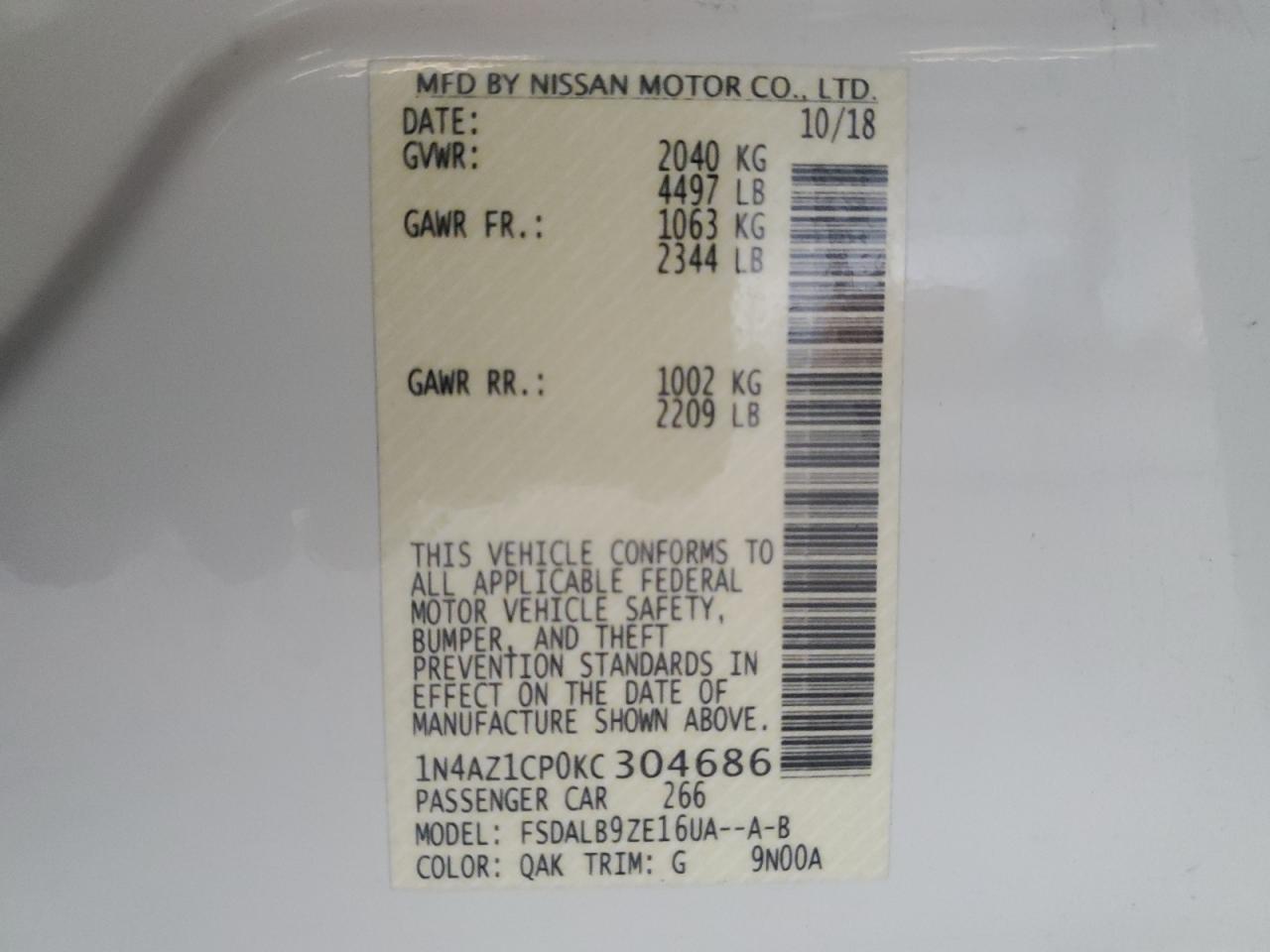 2019 Nissan Leaf S VIN: 1N4AZ1CP0KC304686 Lot: 91832515