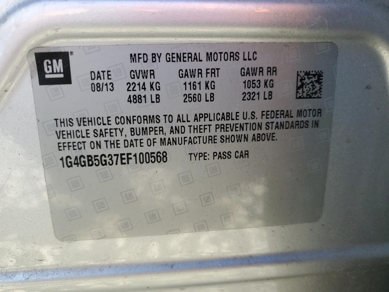 2014 Buick Lacrosse VIN: 1G4GB5G37EF100568 Lot: 91689125