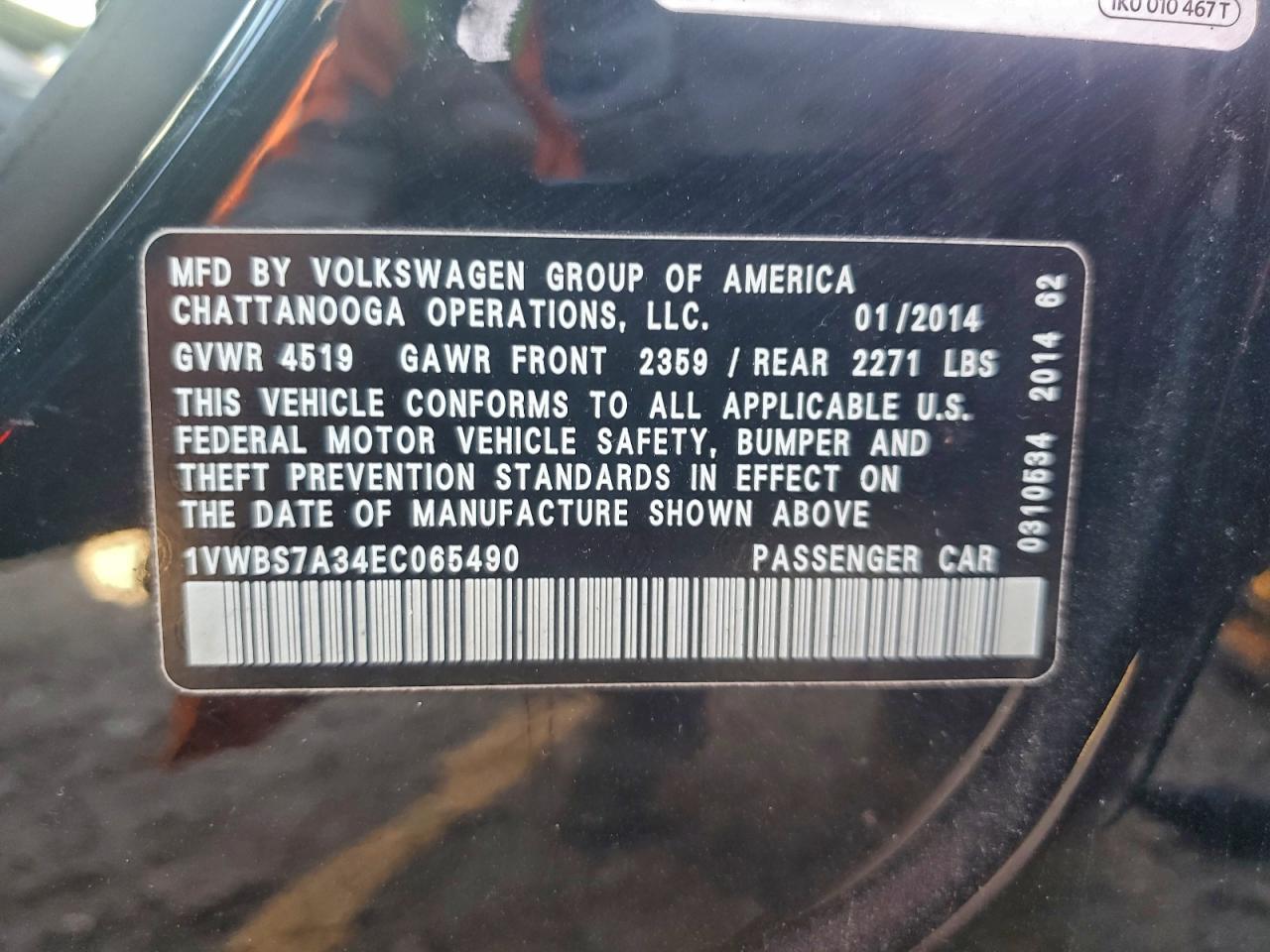 2014 Volkswagen Passat Se VIN: 1VWBS7A34EC065490 Lot: 94168175