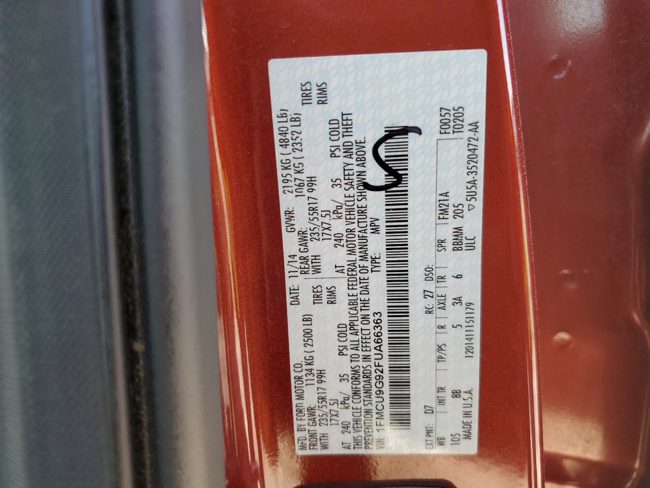 2015 Ford Escape Se VIN: 1FMCU9G92FUA66363 Lot: 91414705