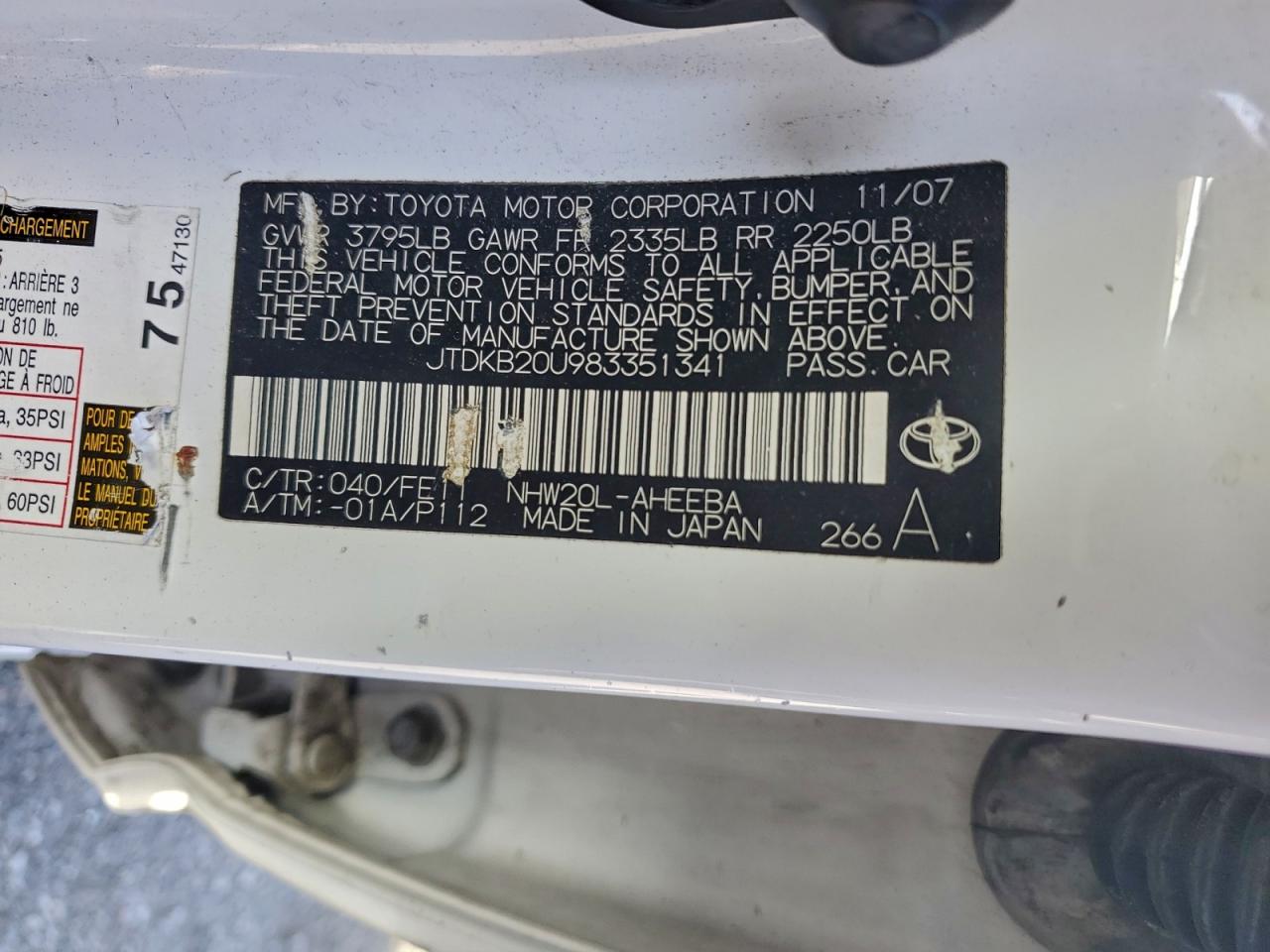 2008 Toyota Prius VIN: JTDKB20U983351341 Lot: 94185745