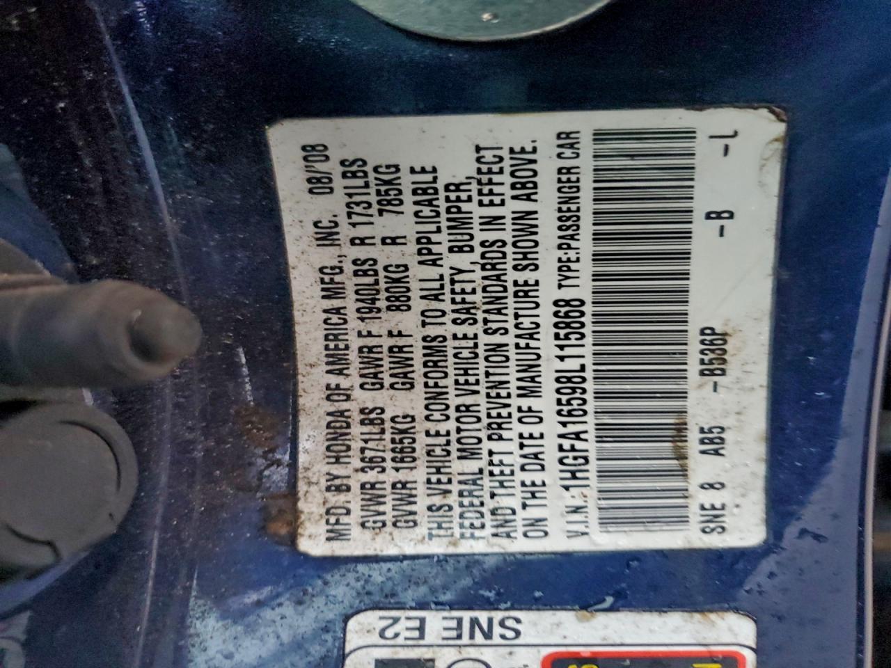 2008 Honda Civic Lx VIN: 1HGFA16598L115868 Lot: 93682885