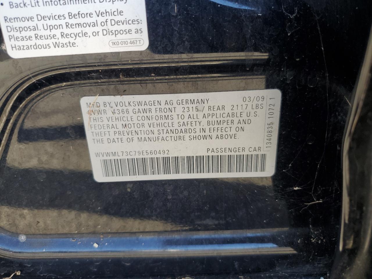 2009 Volkswagen Cc Sport VIN: WVWML73C79E560492 Lot: 90754505