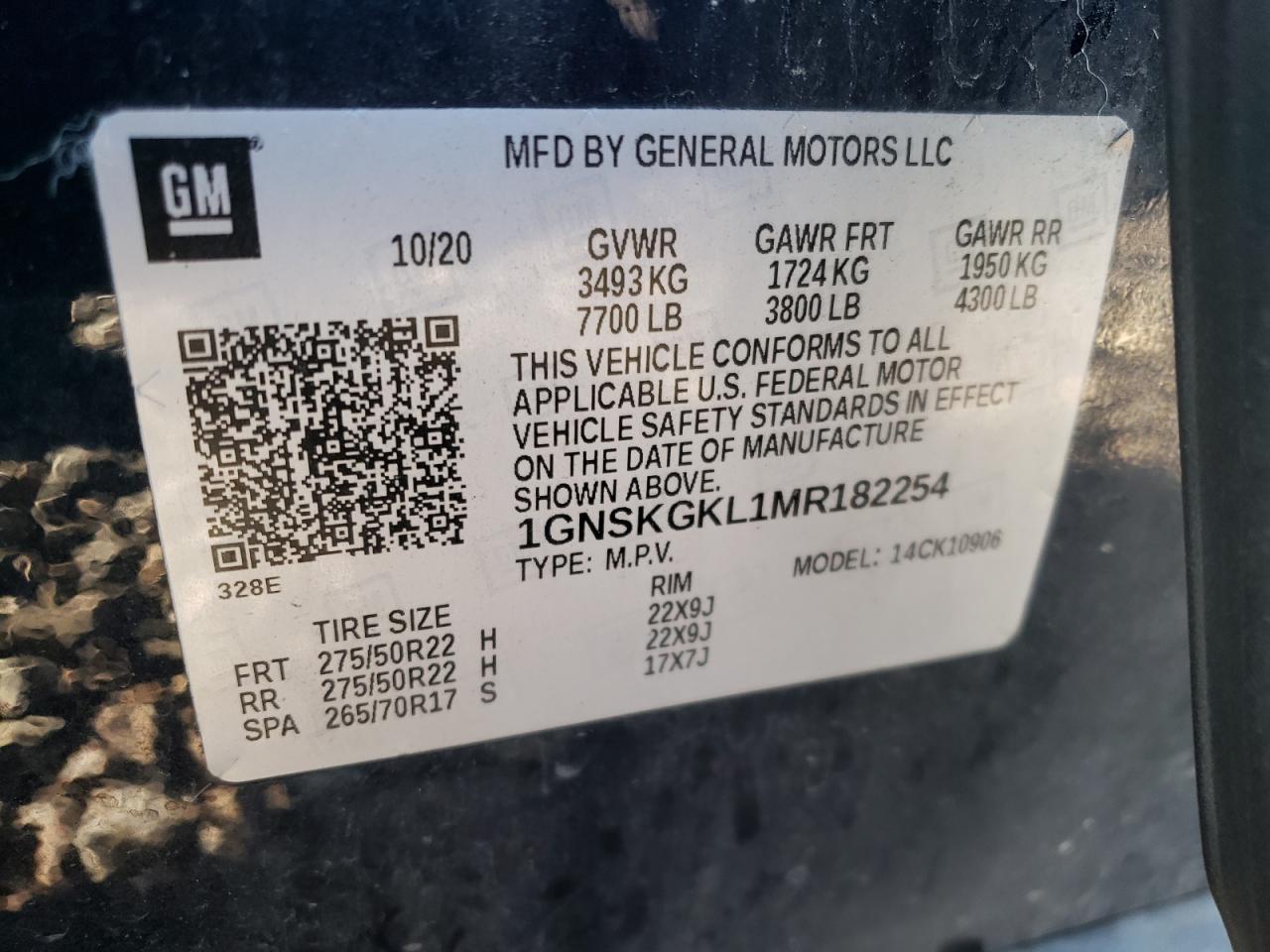 2021 Chevrolet Suburban K1500 High Country VIN: 1GNSKGKL1MR182254 Lot: 91615245